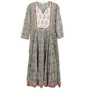 MissPrint Tan Blue  Floral Long Sleeve Maxi Dress Boho Indie Size Medium